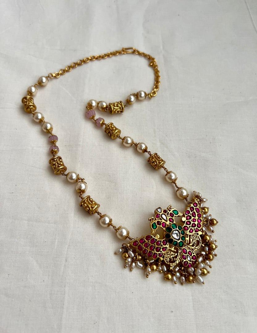 Kundan, ruby & emerald gandaberunda pendant with pearls & rose quartz beads chain-Silver Neckpiece-CI-House of Taamara