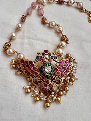 Kundan, ruby & emerald gendaberunda pendant with pearls & rose quartz beads chain-Silver Neckpiece-CI-House of Taamara