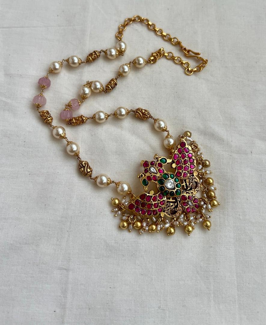 Kundan, ruby & emerald gendaberunda pendant with pearls & rose quartz beads chain-Silver Neckpiece-CI-House of Taamara