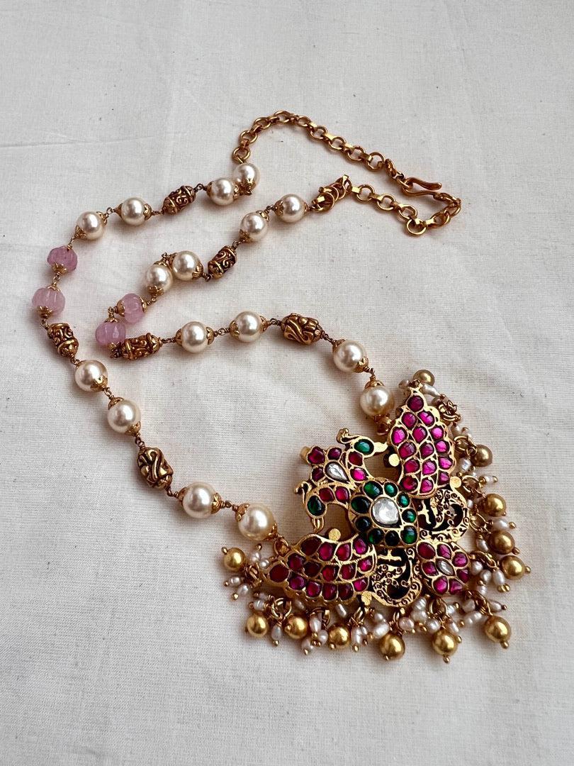 Kundan, ruby & emerald gendaberunda pendant with pearls & rose quartz beads chain-Silver Neckpiece-CI-House of Taamara