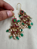 Kundan, ruby & emerald hangings with pearls (MADE TO ORDER)-Earrings-CI-House of Taamara