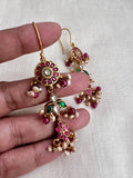Kundan, ruby & emerald hangings with pearls and pink beads-Earrings-CI-House of Taamara