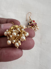 Kundan, ruby & emerald hook jhumkas with pearls-Earrings-CI-House of Taamara