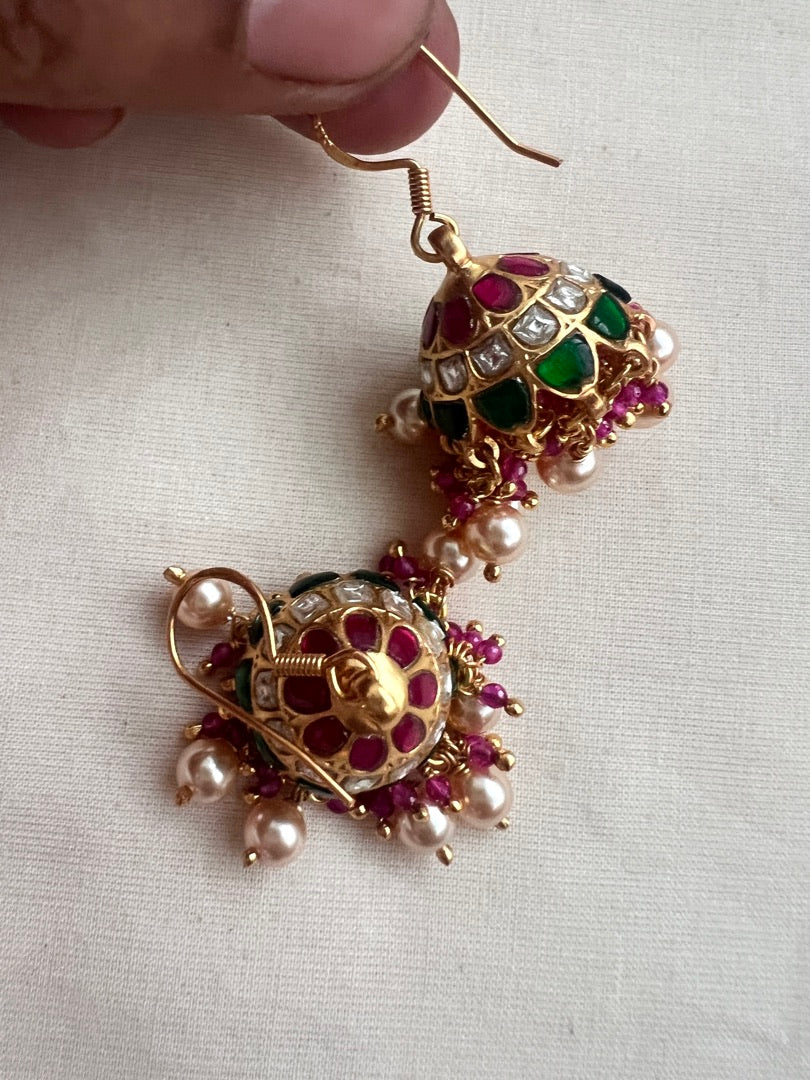 Kundan, ruby & emerald hook jhumkas with pearls & ruby beads-Earrings-CI-House of Taamara