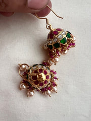 Kundan, ruby & emerald hook jhumkas with pearls & ruby beads-Earrings-CI-House of Taamara