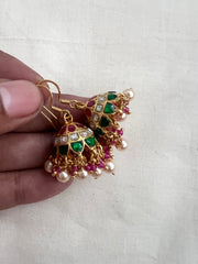 Kundan, ruby & emerald hook jhumkas with pearls & ruby beads-Earrings-CI-House of Taamara
