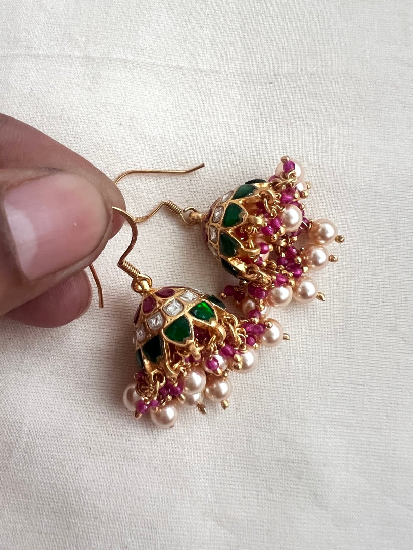 Kundan, ruby & emerald hook jhumkas with pearls & ruby beads-Earrings-CI-House of Taamara