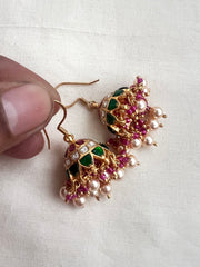 Kundan, ruby & emerald hook jhumkas with pearls & ruby beads-Earrings-CI-House of Taamara