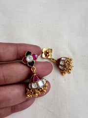 Kundan, ruby & emerald jhumkas with gold beads-Earrings-CI-House of Taamara