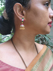 Kundan, ruby & emerald jhumkas with gold beads-Earrings-CI-House of Taamara