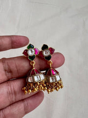 Kundan, ruby & emerald jhumkas with gold beads-Earrings-CI-House of Taamara