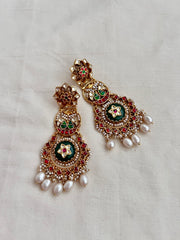 Kundan, ruby & emerald long hangings with kundan inlay work & pearls-Earrings-CI-House of Taamara