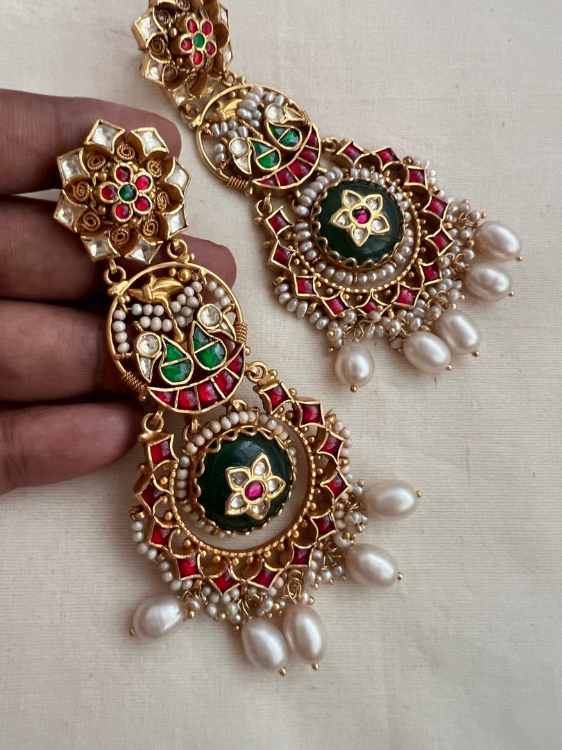 Kundan, ruby & emerald long hangings with kundan inlay work & pearls-Earrings-CI-House of Taamara