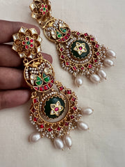 Kundan, ruby & emerald long hangings with kundan inlay work & pearls-Earrings-CI-House of Taamara