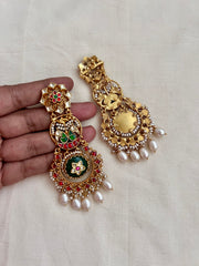 Kundan, ruby & emerald long hangings with kundan inlay work & pearls-Earrings-CI-House of Taamara