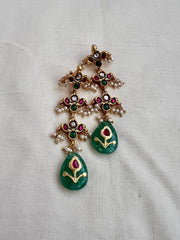 Kundan, ruby & emerald long hangings with pearls and inlay work on jade stone-Earrings-CI-House of Taamara