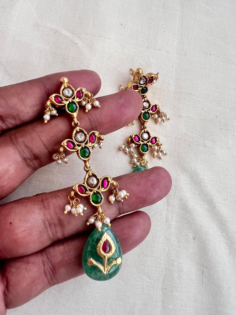 Kundan, ruby & emerald long hangings with pearls and inlay work on jade stone-Earrings-CI-House of Taamara