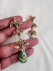 Kundan, ruby & emerald long hangings with pearls and inlay work on jade stone-Earrings-CI-House of Taamara