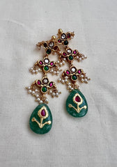 Kundan, ruby & emerald long hangings with pearls and inlay work on jade stone-Earrings-CI-House of Taamara