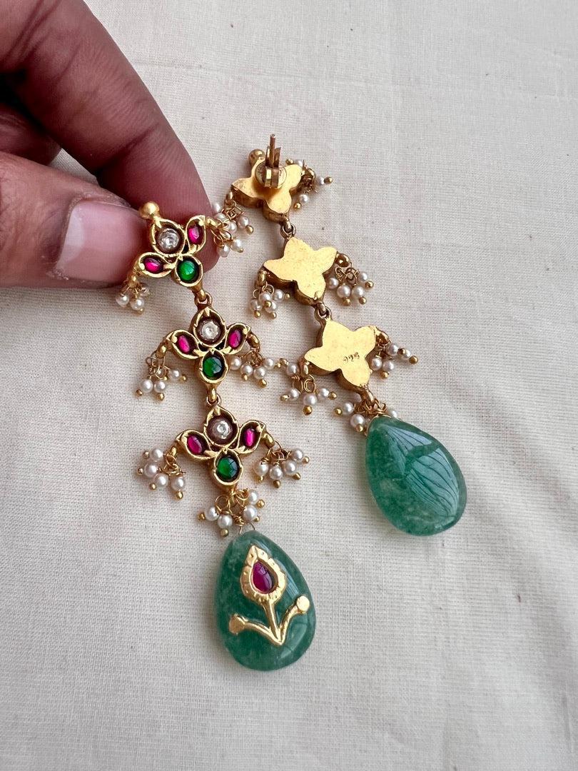 Kundan, ruby & emerald long hangings with pearls and inlay work on jade stone-Earrings-CI-House of Taamara