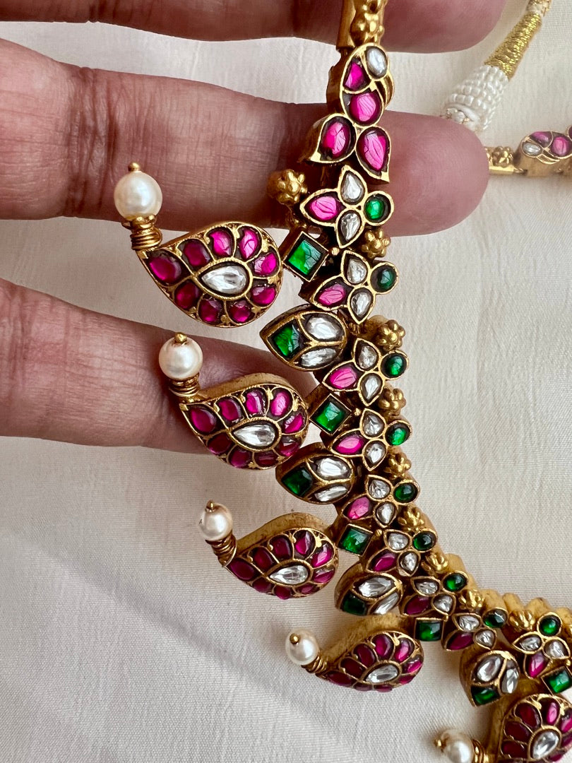 Kundan, ruby & emerald mango mala with pearls & ruby beads-Silver Neckpiece-CI-House of Taamara