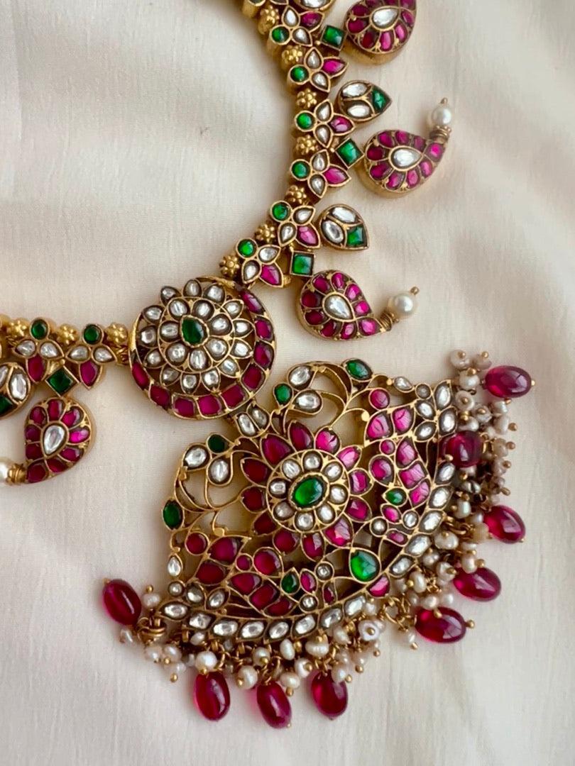 Kundan, ruby & emerald mango mala with pearls & ruby beads-Silver Neckpiece-CI-House of Taamara