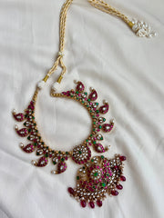 Kundan, ruby & emerald mango mala with pearls & ruby beads-Silver Neckpiece-CI-House of Taamara