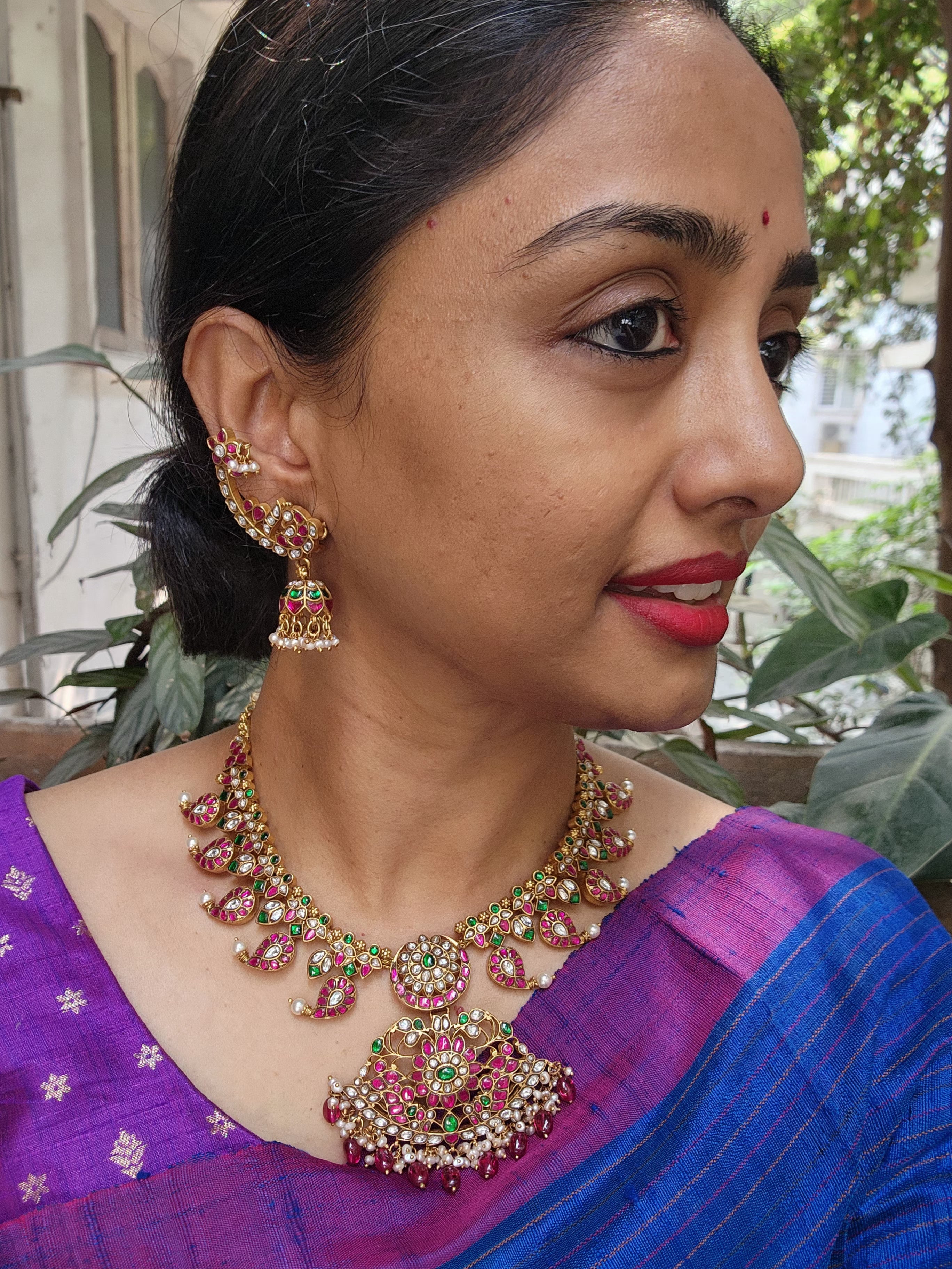 Kundan, ruby & emerald mango mala with pearls & ruby beads-Silver Neckpiece-CI-House of Taamara
