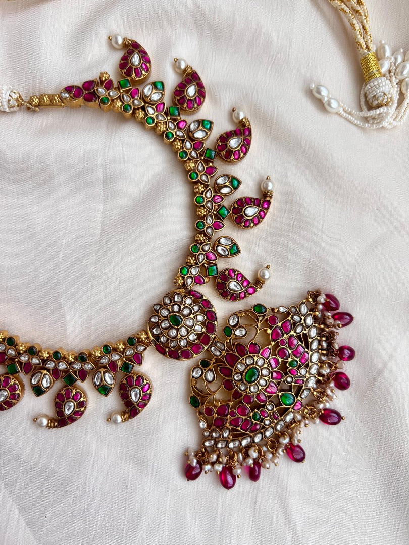 Kundan, ruby & emerald mango mala with pearls & ruby beads-Silver Neckpiece-CI-House of Taamara