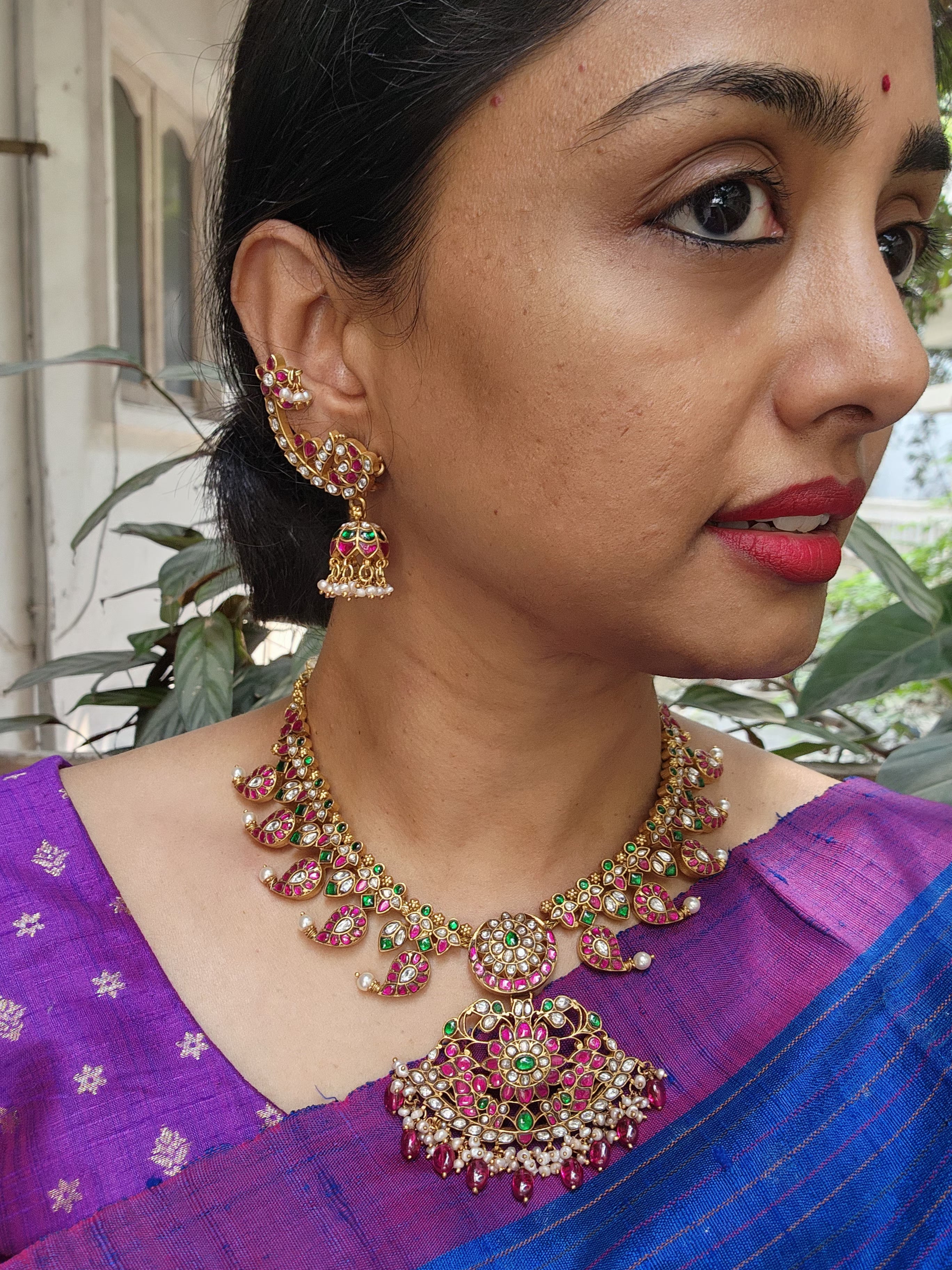 Kundan, ruby & emerald mango mala with pearls & ruby beads-Silver Neckpiece-CI-House of Taamara