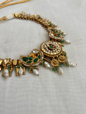 Kundan, ruby & emerald necklace with antique style pearls, mother of pearl drops (MADE TO ORDER)-Silver Neckpiece-CI-House of Taamara