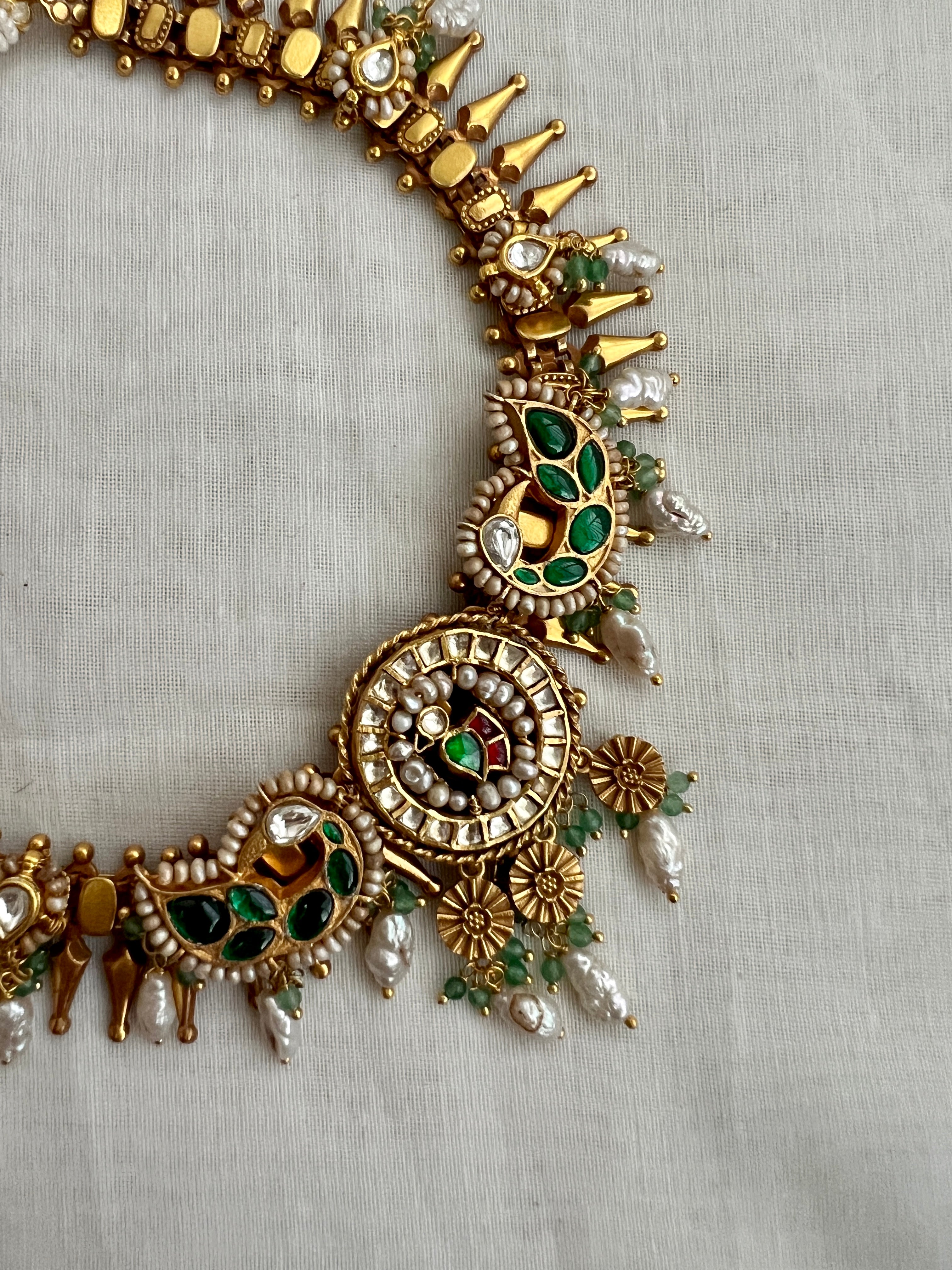 Kundan, ruby & emerald necklace with antique style pearls, mother of pearl drops (MADE TO ORDER)-Silver Neckpiece-CI-House of Taamara