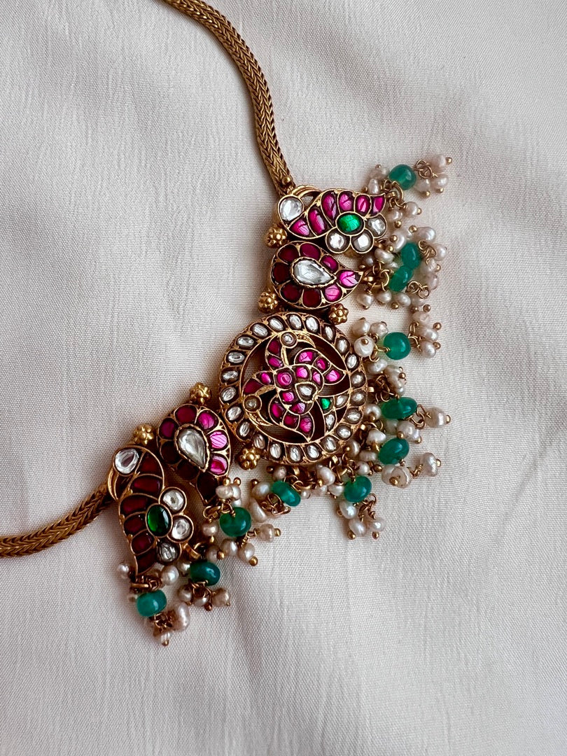 Kundan, ruby & emerald necklace with pearls and green onyx beads-Silver Neckpiece-CI-House of Taamara