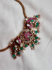 Kundan, ruby & emerald necklace with pearls and green onyx beads-Silver Neckpiece-CI-House of Taamara