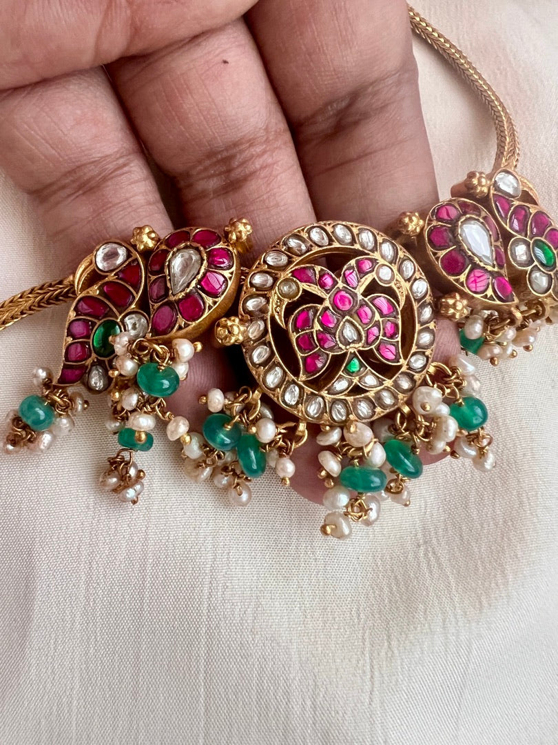 Kundan, ruby & emerald necklace with pearls and green onyx beads-Silver Neckpiece-CI-House of Taamara
