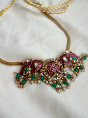Kundan, ruby & emerald necklace with pearls and green onyx beads-Silver Neckpiece-CI-House of Taamara