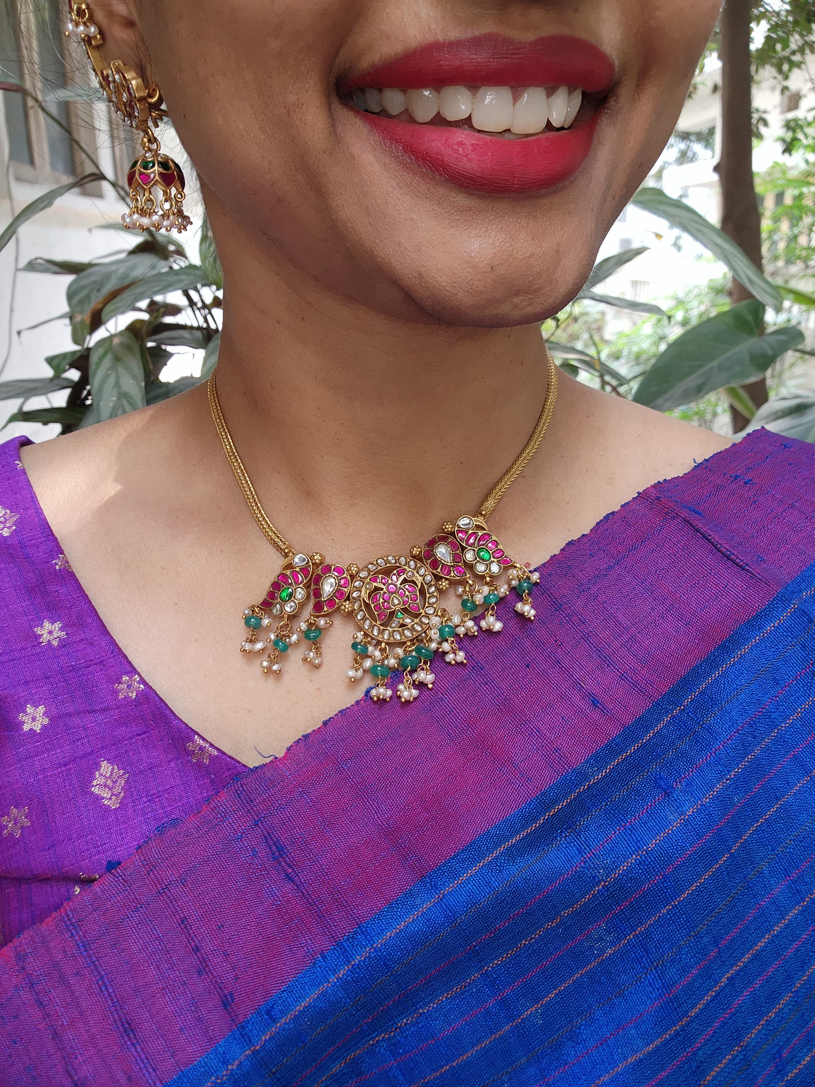 Kundan, ruby & emerald necklace with pearls and green onyx beads-Silver Neckpiece-CI-House of Taamara