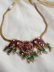Kundan, ruby & emerald necklace with pearls and green onyx beads-Silver Neckpiece-CI-House of Taamara