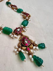 Kundan, ruby & emerald necklace with pearls & carved green onyx beads-Silver Neckpiece-CI-House of Taamara