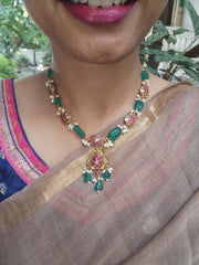 Kundan, ruby & emerald necklace with pearls & carved green onyx beads-Silver Neckpiece-CI-House of Taamara