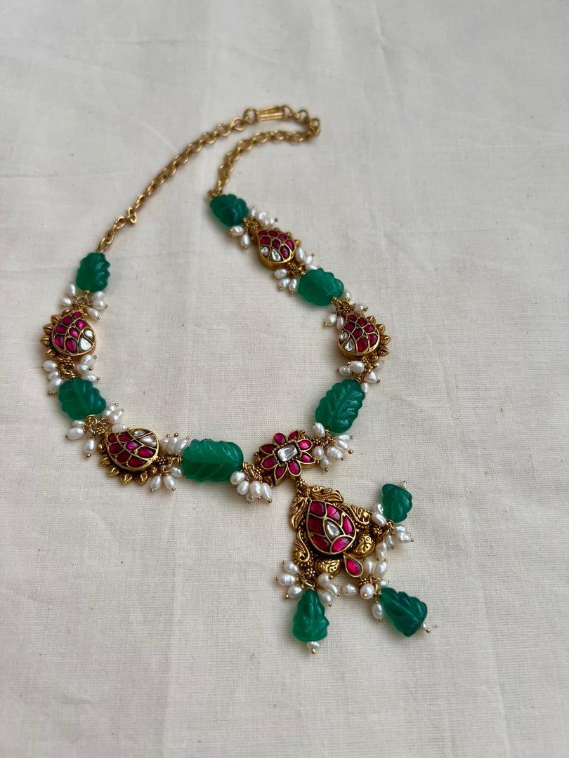 Kundan, ruby & emerald necklace with pearls & carved green onyx beads-Silver Neckpiece-CI-House of Taamara