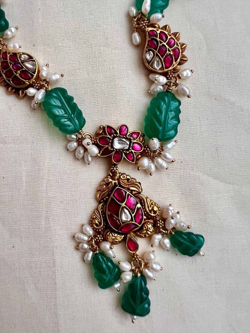 Kundan, ruby & emerald necklace with pearls & carved green onyx beads-Silver Neckpiece-CI-House of Taamara