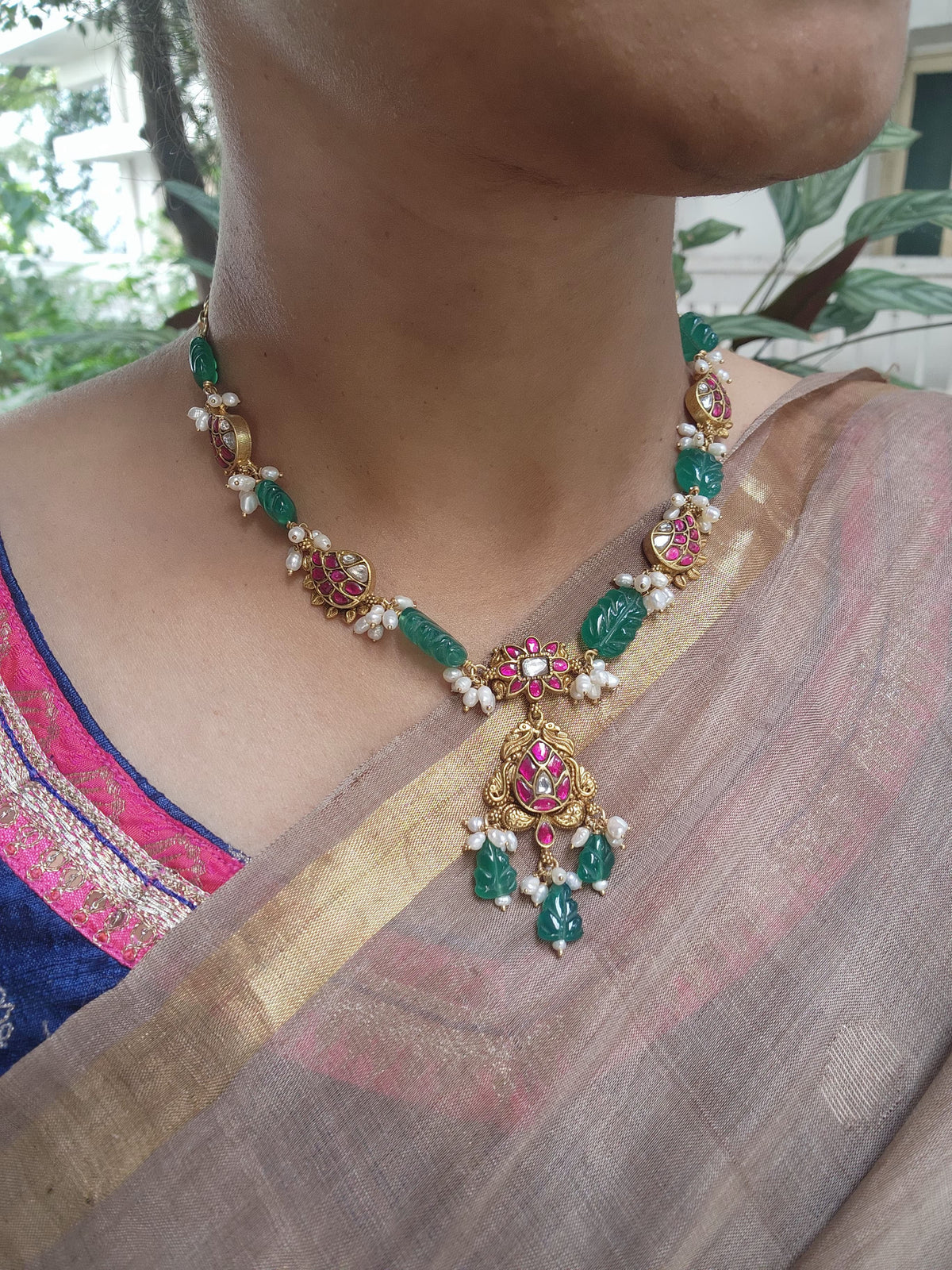 Kundan, ruby & emerald necklace with pearls & carved green onyx beads-Silver Neckpiece-CI-House of Taamara