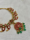Kundan, ruby &emerald paisley necklace with peacock pendant with jade beads & pearls-Silver Neckpiece-CI-House of Taamara