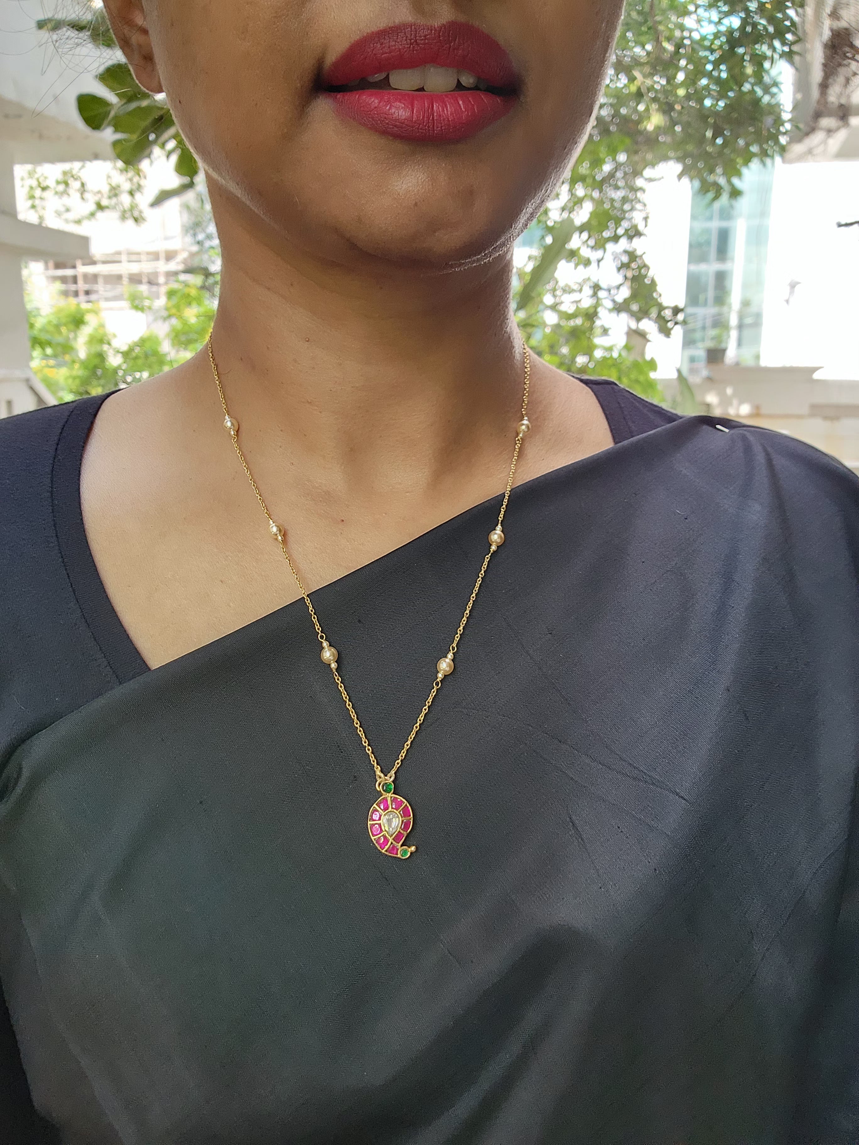 Kundan, ruby & emerald paisley pendant with gold polish chain-Silver Neckpiece-CI-House of Taamara