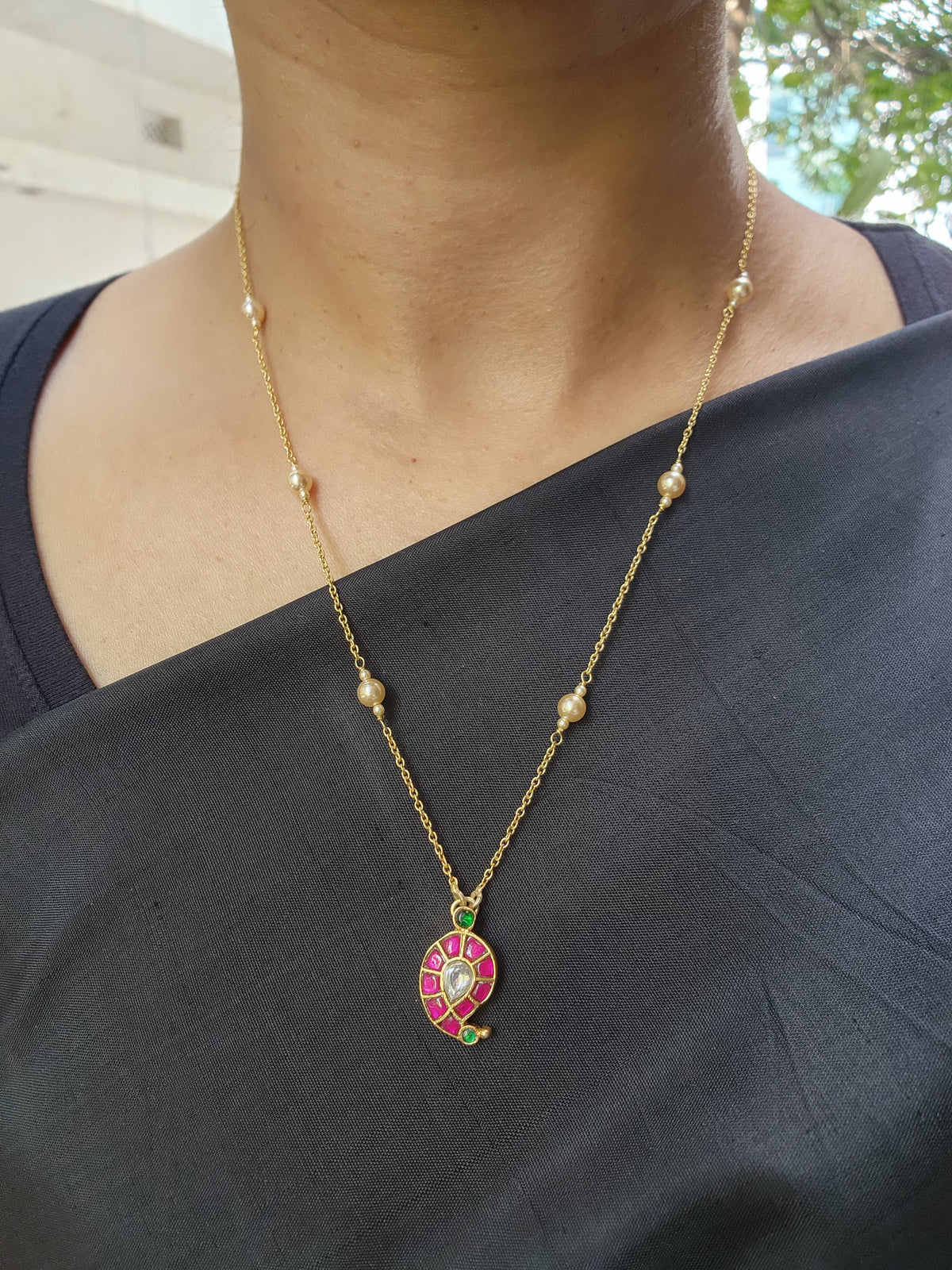 Kundan, ruby & emerald paisley pendant with gold polish chain-Silver Neckpiece-CI-House of Taamara