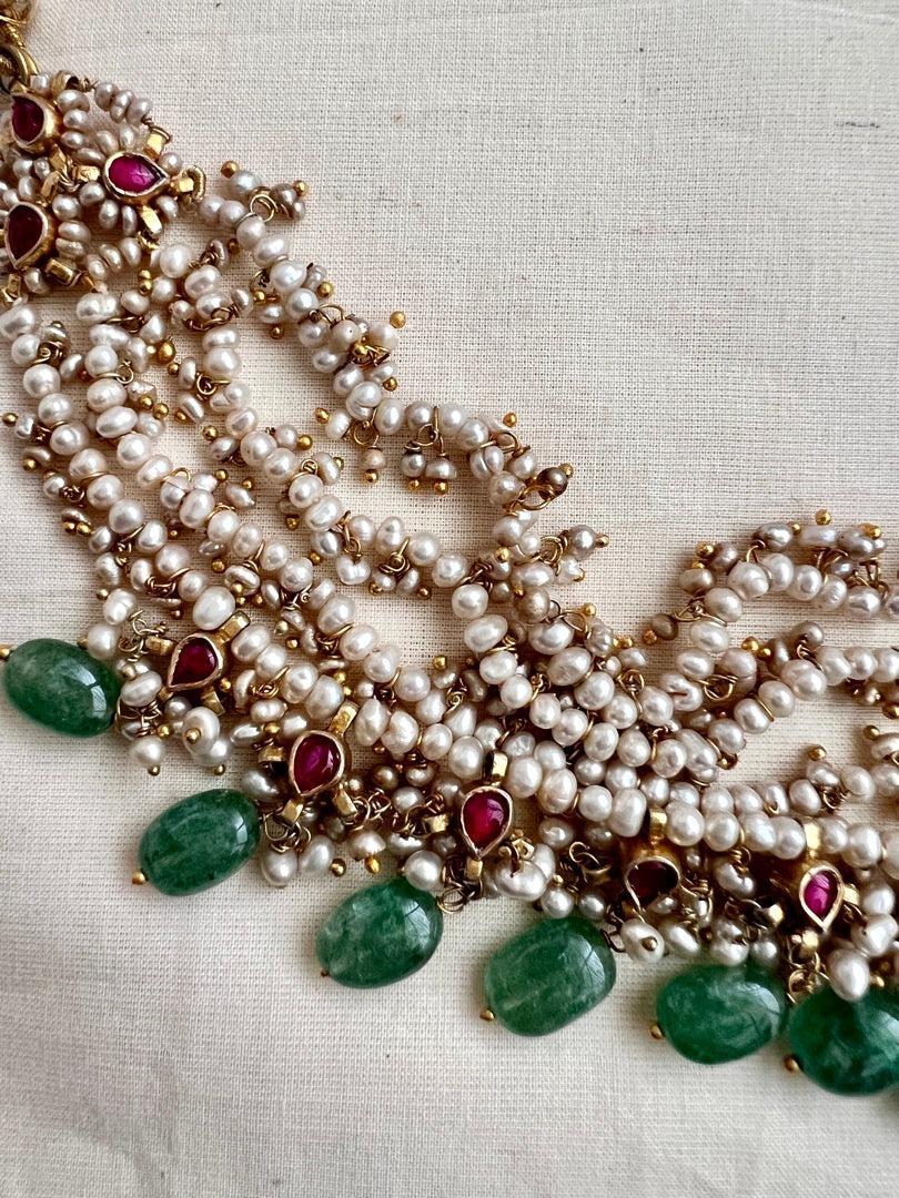 Kundan, ruby & emerald peacock necklace with pearls & jade beads, SET-Silver Neckpiece-CI-House of Taamara