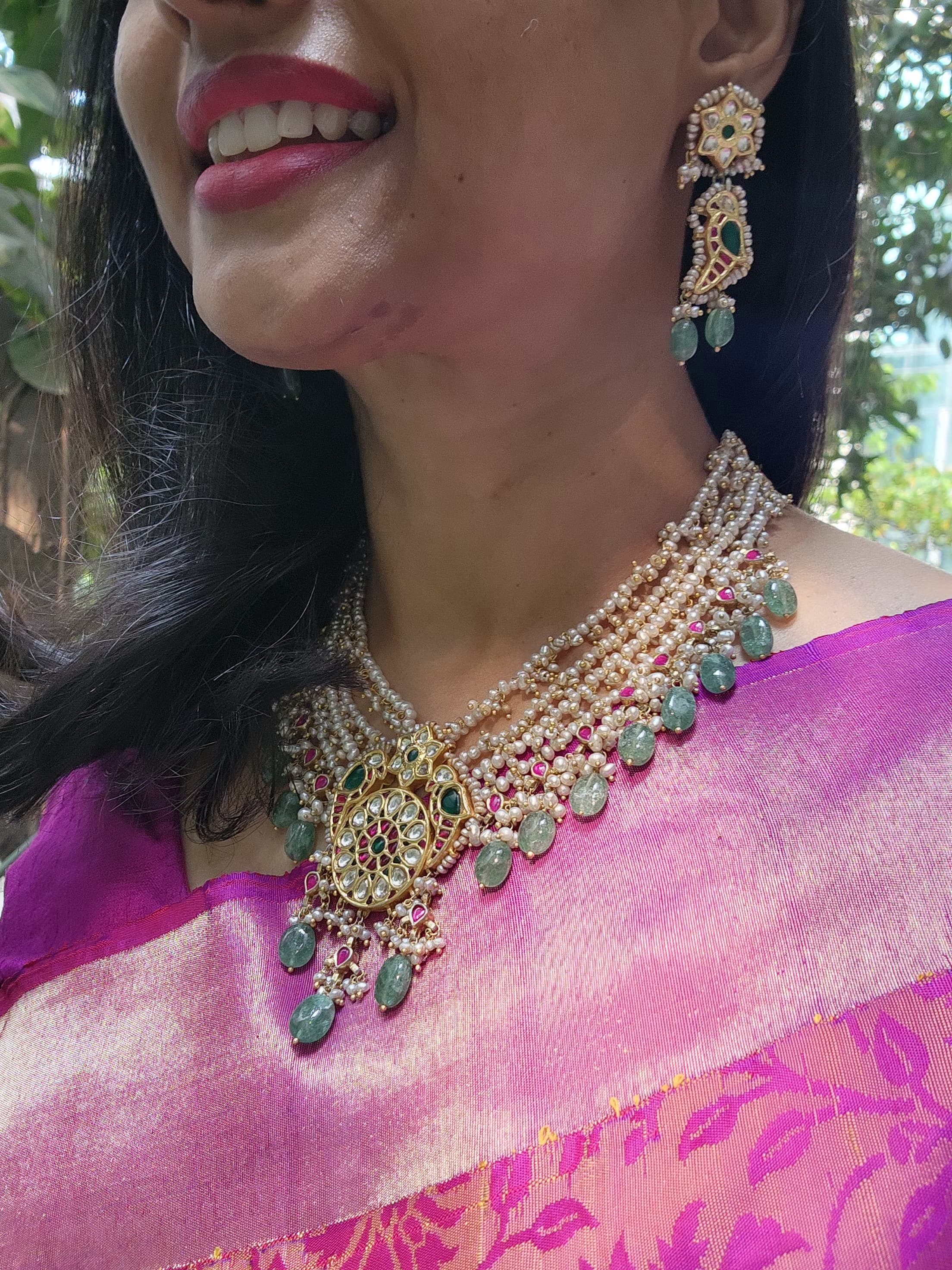 Kundan, ruby & emerald peacock necklace with pearls & jade beads, SET-Silver Neckpiece-CI-House of Taamara