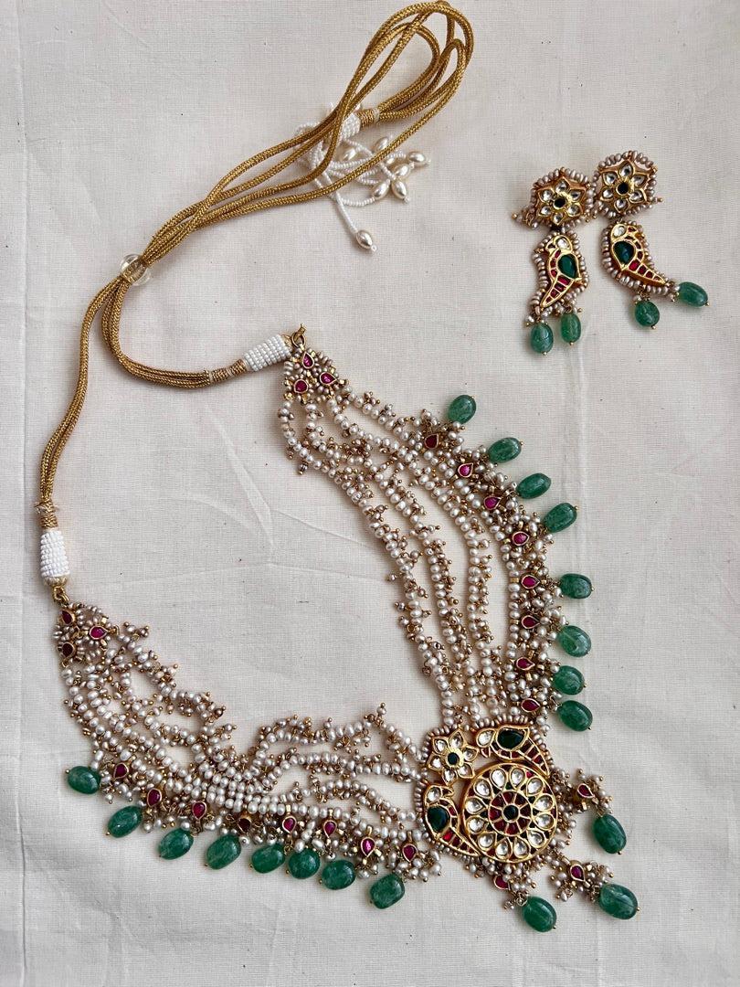 Kundan, ruby & emerald peacock necklace with pearls & jade beads, SET-Silver Neckpiece-CI-House of Taamara