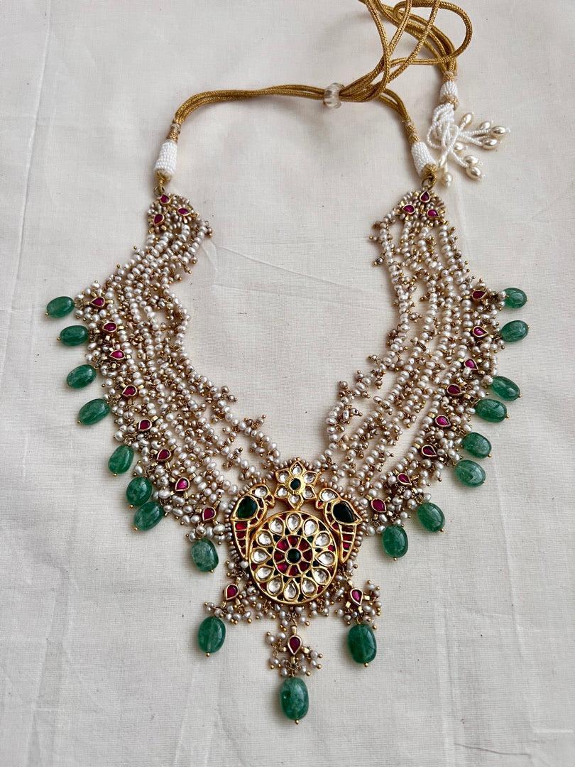 Kundan, ruby & emerald peacock necklace with pearls & jade beads, SET-Silver Neckpiece-CI-House of Taamara